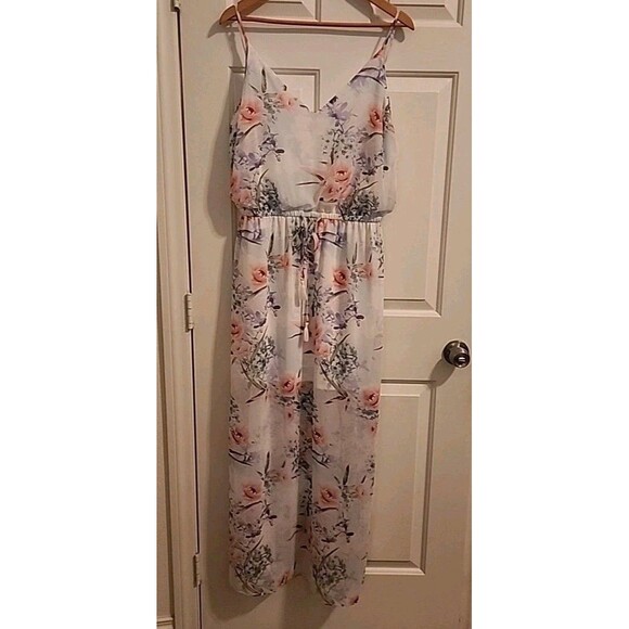 Guess Sundress Large White Floral Maxi Lined Side Slits Beachy Adjustable Straps - Picture 8 of 15